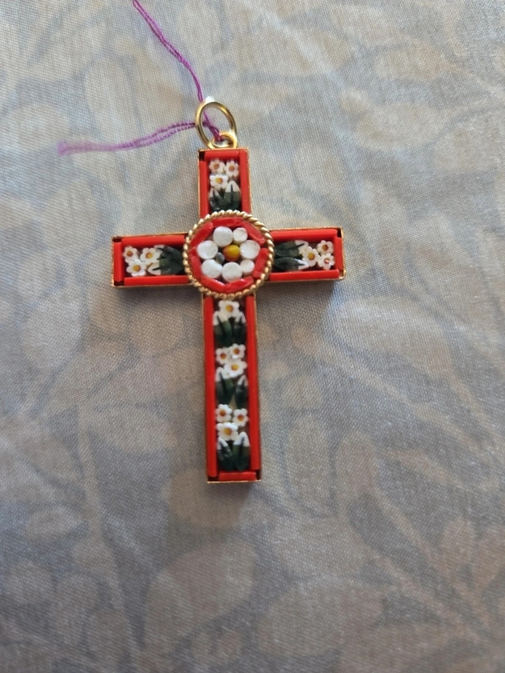 HandmadE In ITALY Red Floral Micro Mosaic Cross Pendant And Earring Bundle